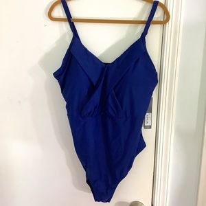 NICOLE MILLER STUDIO PLUS 1X ONE PIECE SWIMSUIT NAVY CROSS FRONT SLIMMING